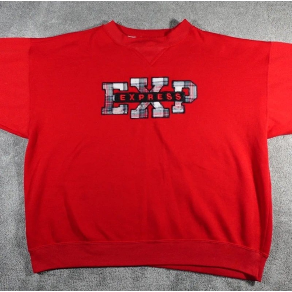 Express Sweatshirt EXP Plaid Patch Logo Pullover Red XL Taiwan R.O.C. - Picture 1 of 10